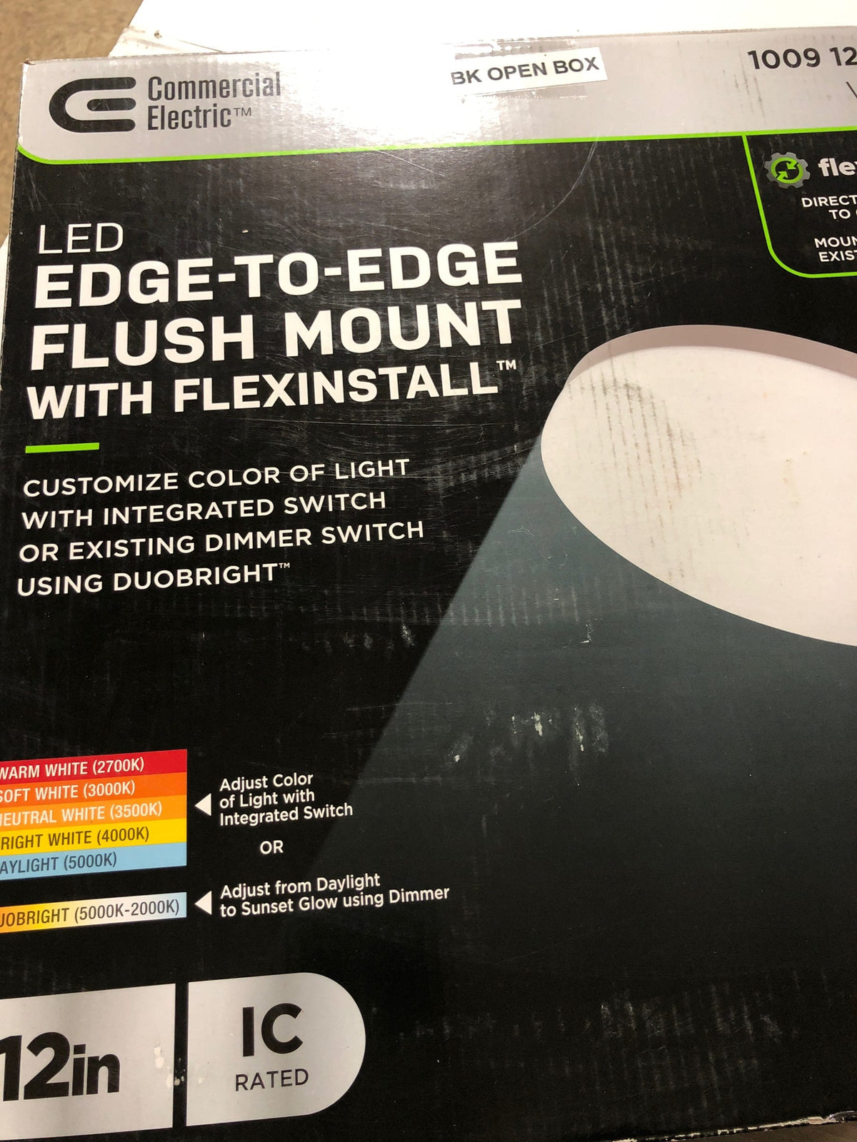 Commercial electric 92055 Flexinstall LED 12 in. White Edge to Edge Lens Recessed Ceiling Light for Home with 5CCT + DuoBright Dimming