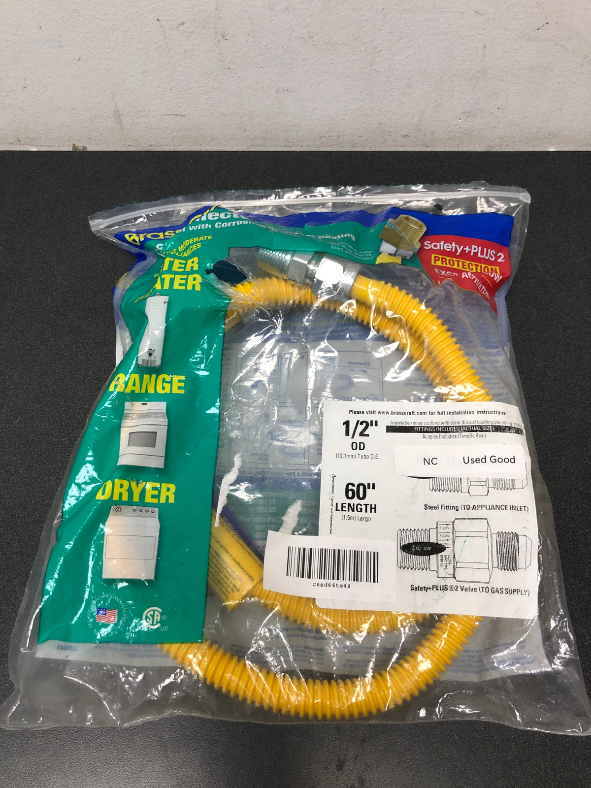Brasscraft CSSD64TE-48 X 1/2 in. MIP x 1/2 in. MIP x 48 in. Gas Connector (1/2 in. OD) w/Safety+Plus2 Thermal Excess Flow Valve (60,500 BTU)