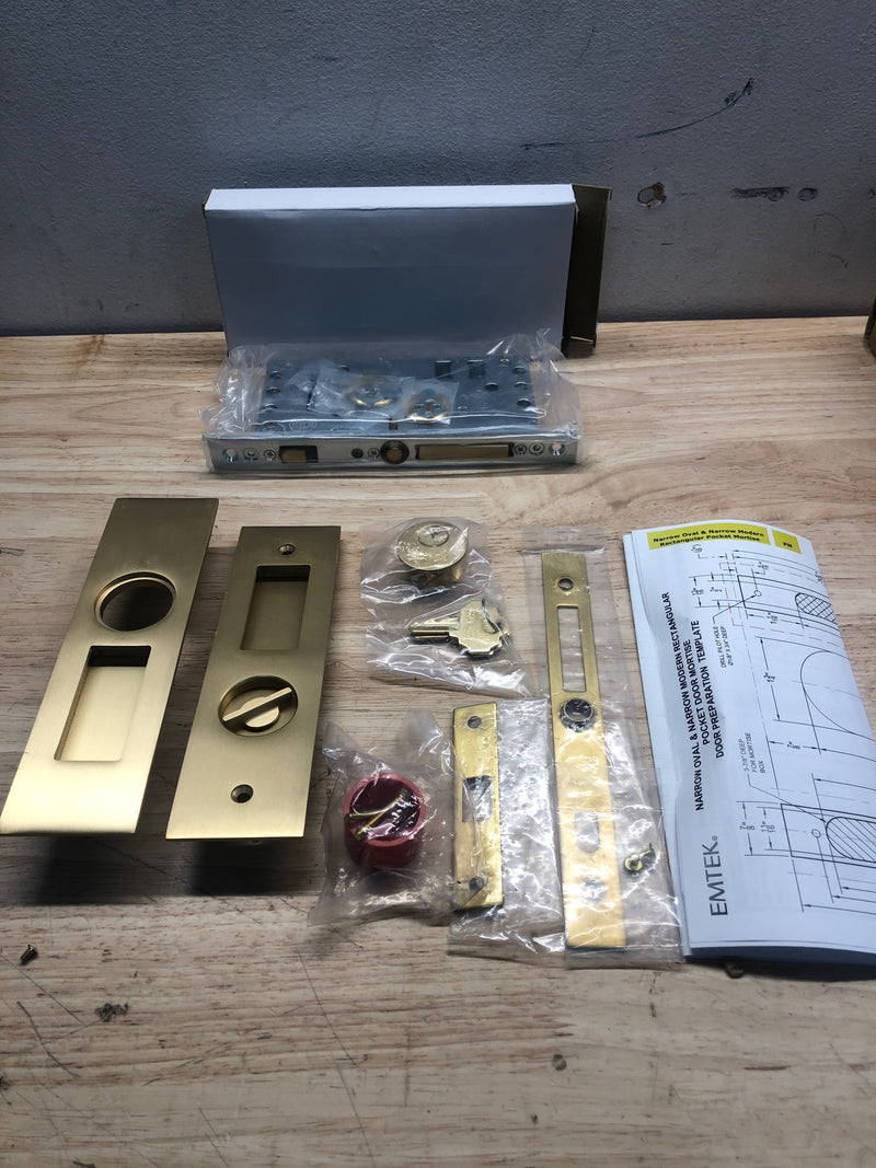 Emtek 2153US4138 Narrow Modern Rectangular 7-1/4 Inch Single Cylinder Keyed Entry Mortise Pocket Door Lock for 1-3/8" Thick Doors - Satin Brass
