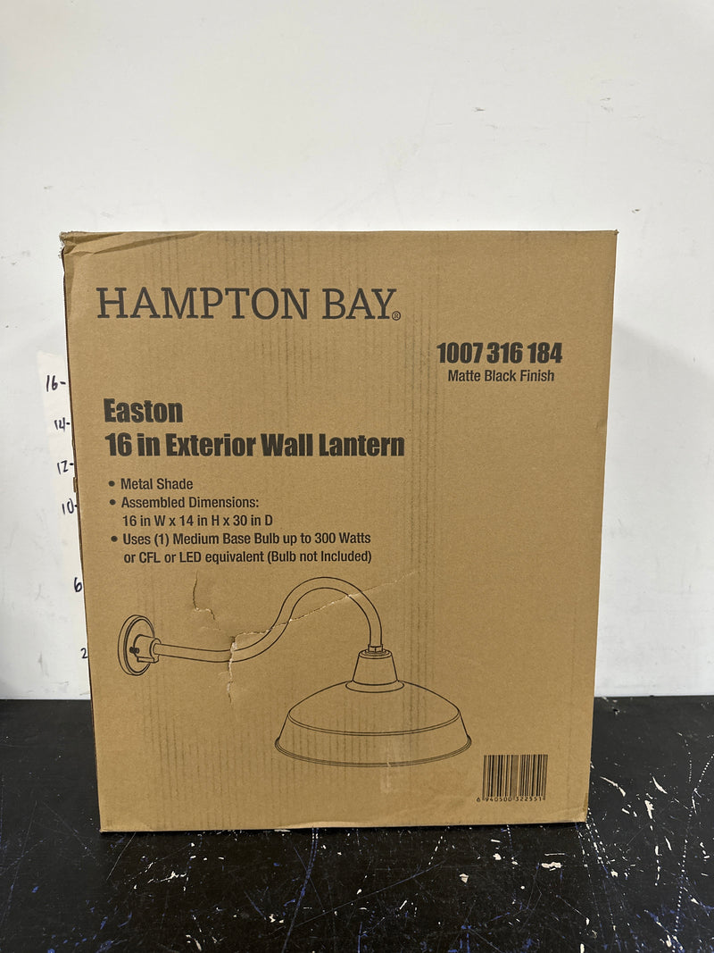 Hampton bay KHC1691A-3/MB Easton 14 in. 1-Light Matte Black Barn Outdoor Wall Light Lantern Sconce with Steel Shade