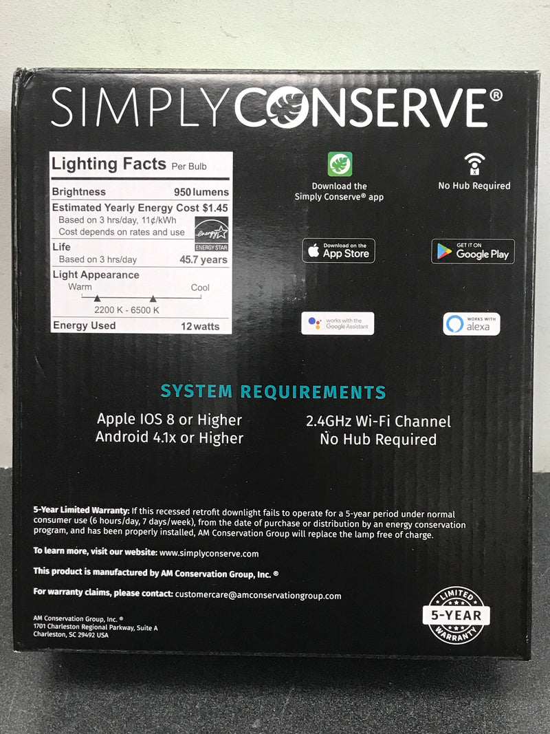 Simply Conserve L12DL5/6-CCT-RGB-WIFI-BLE 6" Integrated LED Reflector Smart Canless Recessed Trim - White