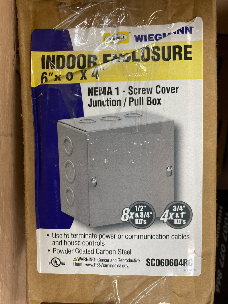 Wiegmann SC060604 SC-Series NEMA 1 Screw Cover Wallmount Pull Box with Knockouts, Painted Steel, 6" x 6" x 4",Gray