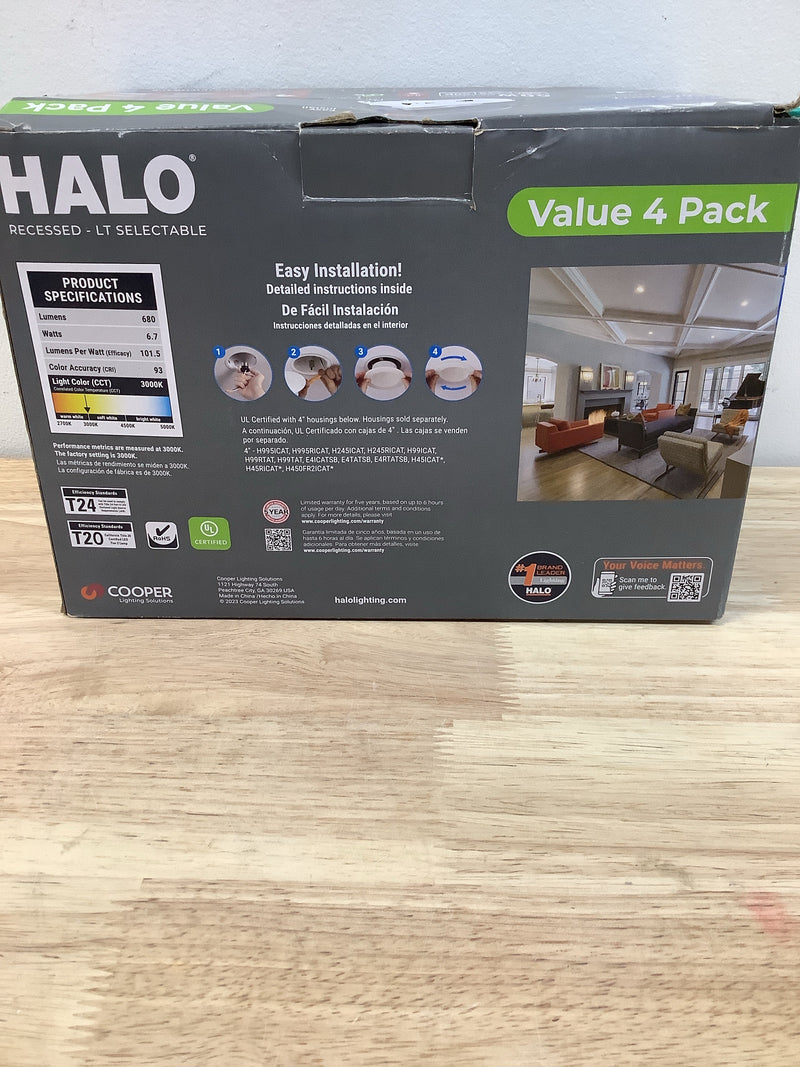 Halo LT4069FS1EWHR4PK LT 4 in. Selectable 5CCT IC Rated Indoor Integrated LED Recessed Light with Baffle Trim 650-Lumens, Matte White (4-Pack)