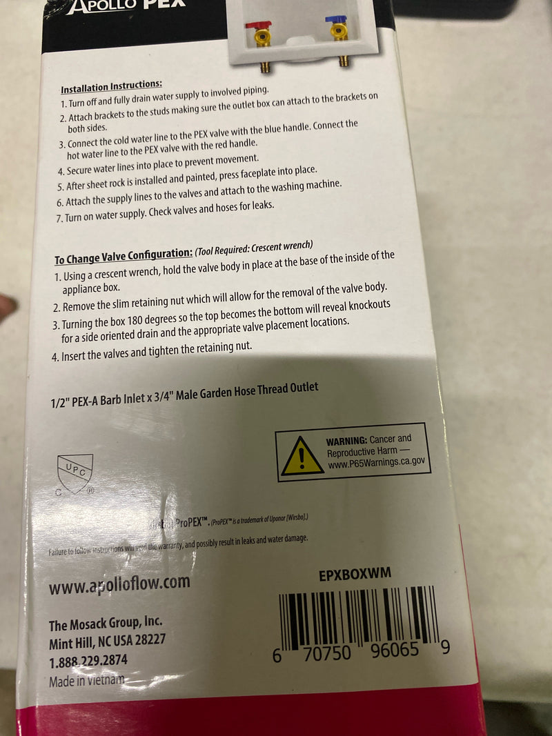 Apollo 1/2 in. Dia. Washing Machine PEX Barb Washing Machine Outlet Box