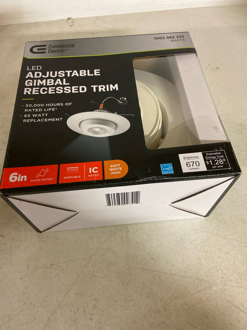 Commercial electric 53803111 6 in. Gimbal Light Adjustable Beam Angle Bulb Direction Integrated LED Recessed Light Trim 670 Lumens 3000K Soft White