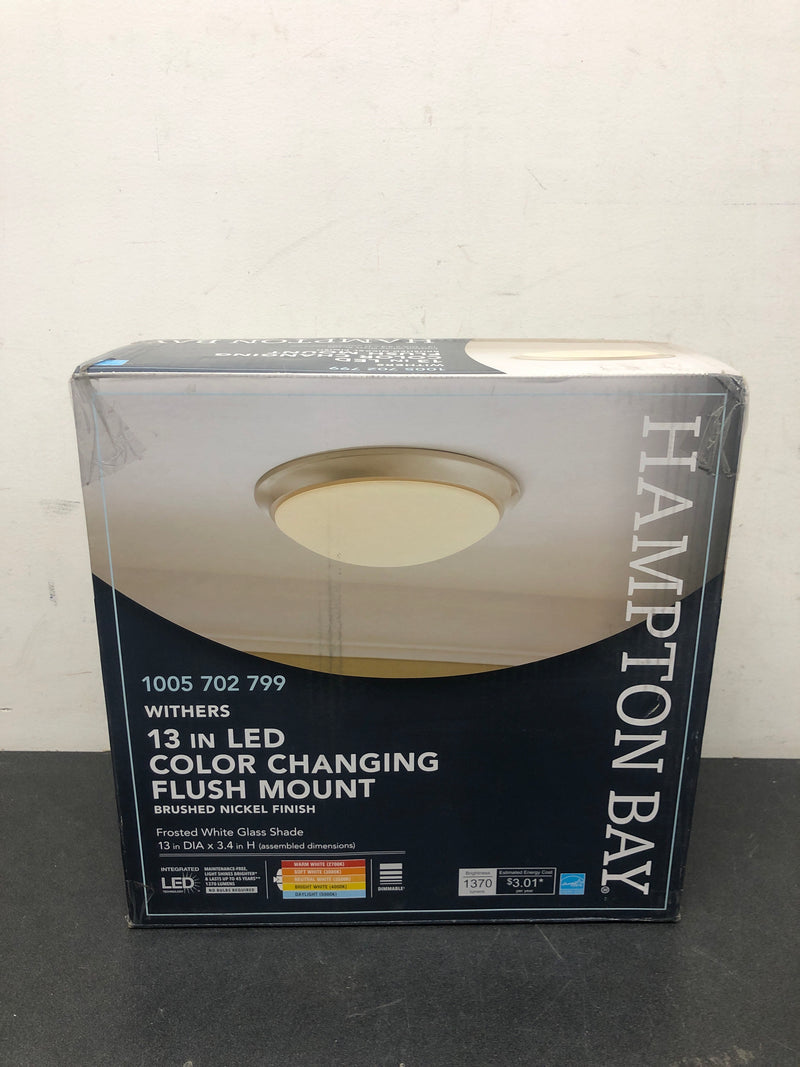 Hampton bay CG2aA021ER1D25 Withers 13 in. Light Brushed Nickel Adjustable CCT CCT Integrated LED Dimmable Round Globe Flush Mount Ceiling Light