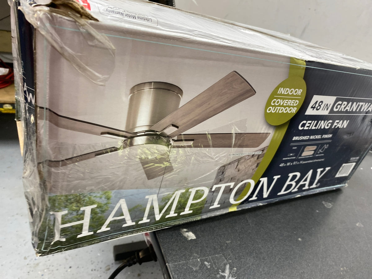 Hampton bay RD5114B-BN Grantway 48 in. Indoor/Covered Outdoor Brushed Nickel Low Profile Ceiling Fan Without Light with Pull Chain Included