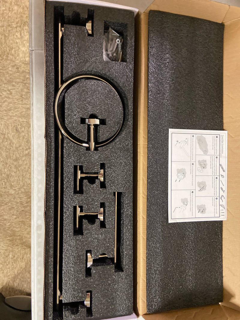 Homemystique NBHS015C 5-Piece Bath Hardware with Towel Bar Towel Hook Toilet Paper Holder and Towel Ring Set in Polished Chrome