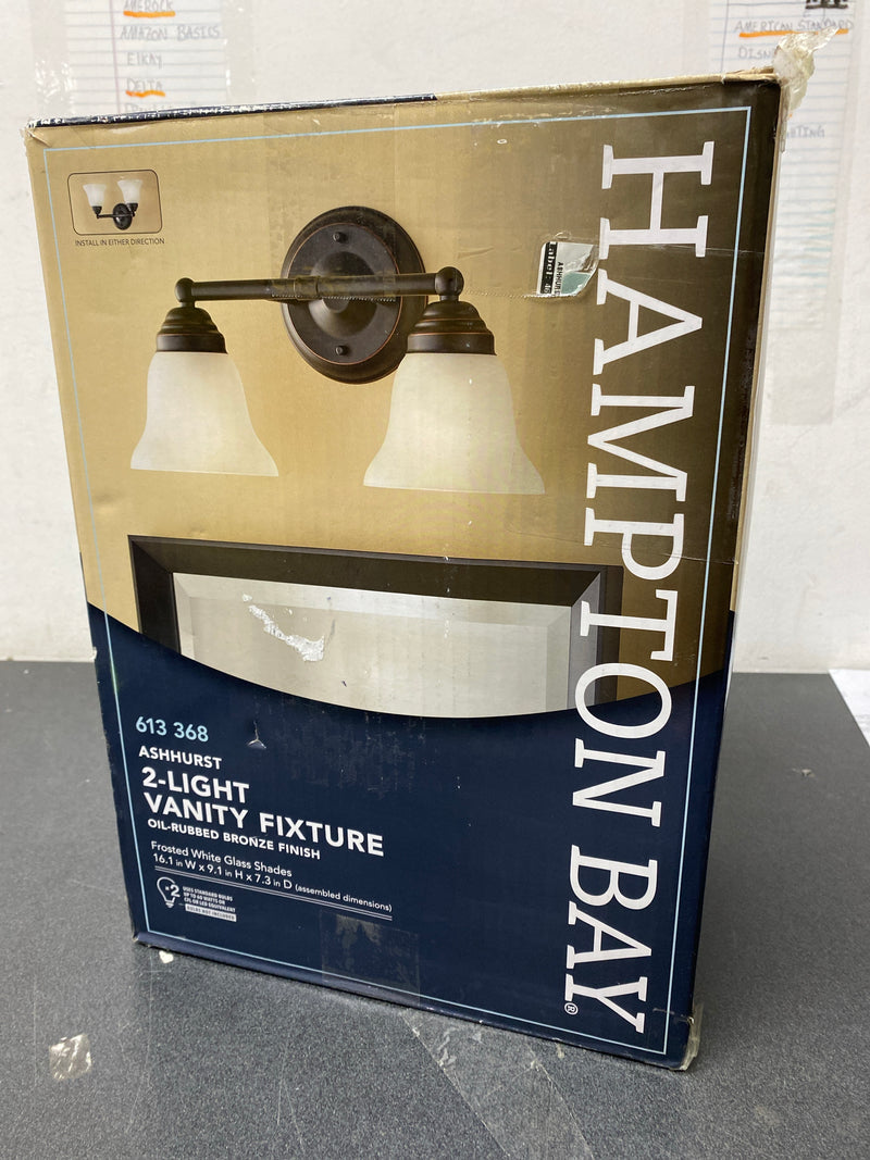 Hampton bay EGM1392A-3/ORB Ashhurst 2-Light Oil Rubbed Bronze Vanity Light with Frosted Glass Shades