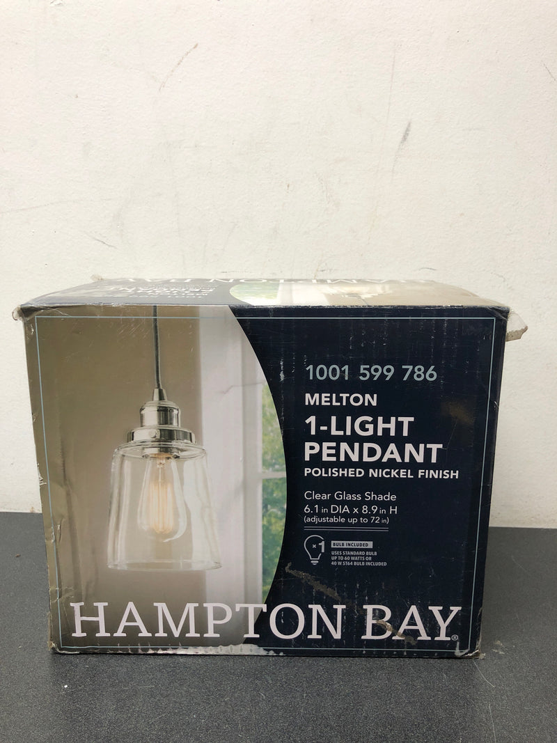 HOME DECORATORS Melton 1-Light Polished Nickel Pendant with Clear Glass Shade