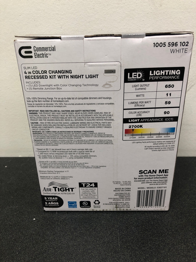Commercial electric 53827101 4 in. Canless Adjustable CCT Integrated LED Recessed Light Trim with Night Light 650 Lumens New Construction Remodel