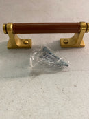 Belwith Keeler B077979LRBGB Reserve 3-3/4" Center to Center Luxury Leather Cabinet Handle / Drawer Pull - Mixed Materials - Brushed Golden Brass / Brown Leather