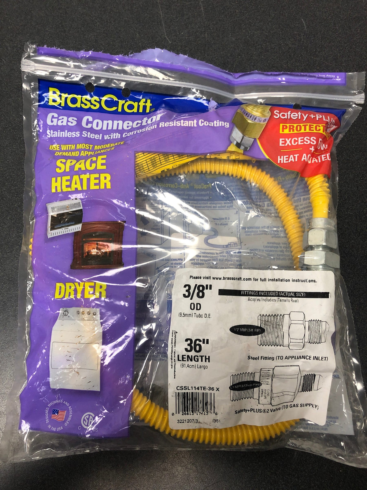 Brasscraft CSSL114TE-36 X 1/2 in. MIP x 1/2 in. MIP x 36 in. Gas Connector (3/8 in. O.D.) w/Safety+Plus2 Thermal Excess Flow Valve (33,400 BTU)