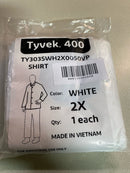 Tyvek 400 Dupont Shirt. Collar. Open Wrists. Extends to Hip.Serged Seams. White. 2X