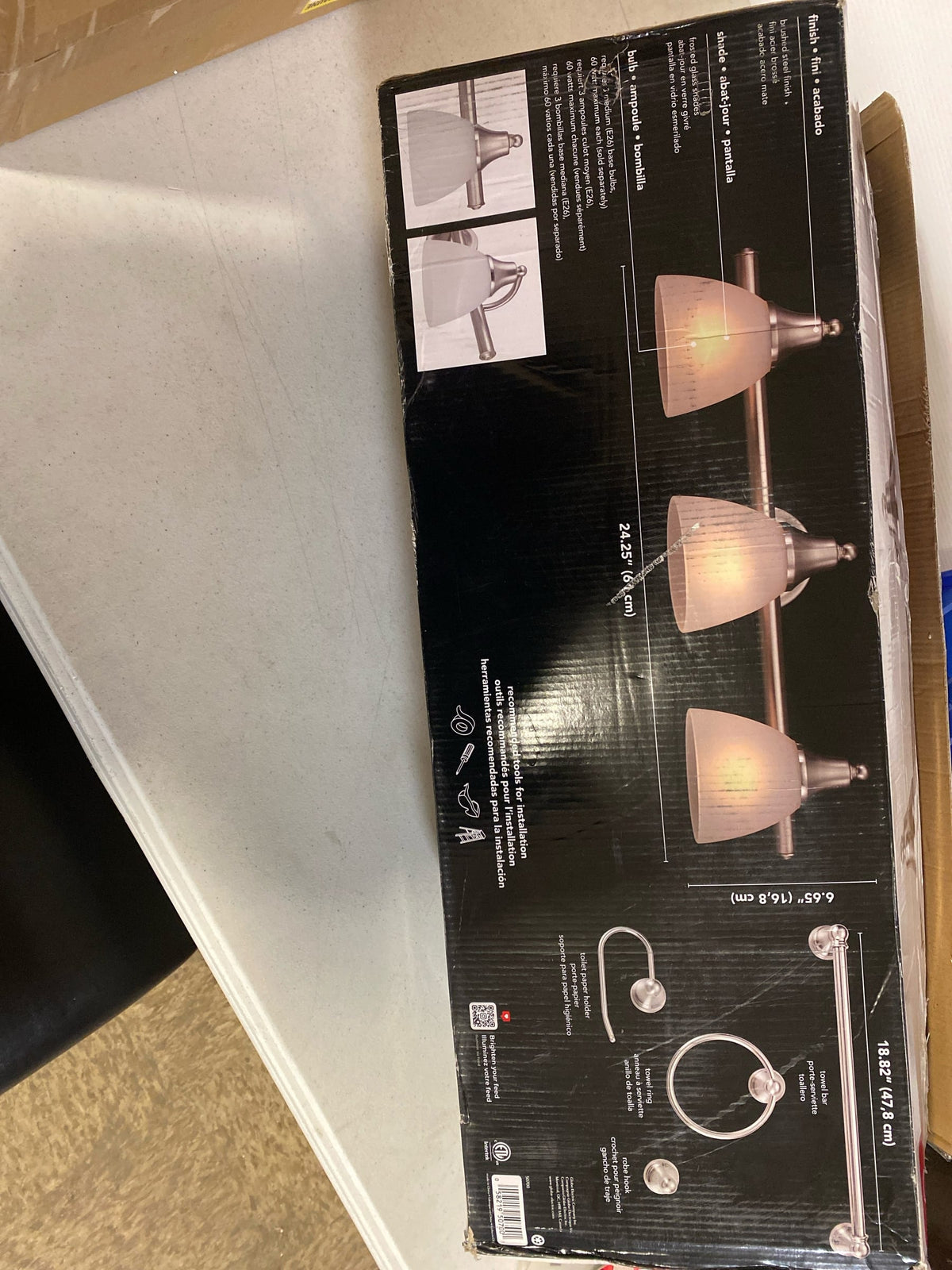 Globe electric 50700 Estoril 24 in. 3-Light Brushed Steel Vanity Light with Frosted Glass Shades for Bathroom, Includes 5-Piece Accessory Set