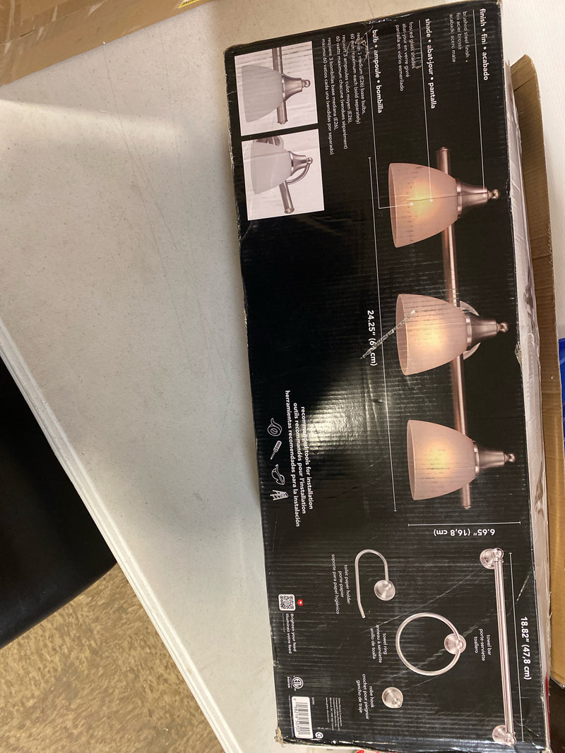 Globe electric 50700 Estoril 24 in. 3-Light Brushed Steel Vanity Light with Frosted Glass Shades for Bathroom, Includes 5-Piece Accessory Set