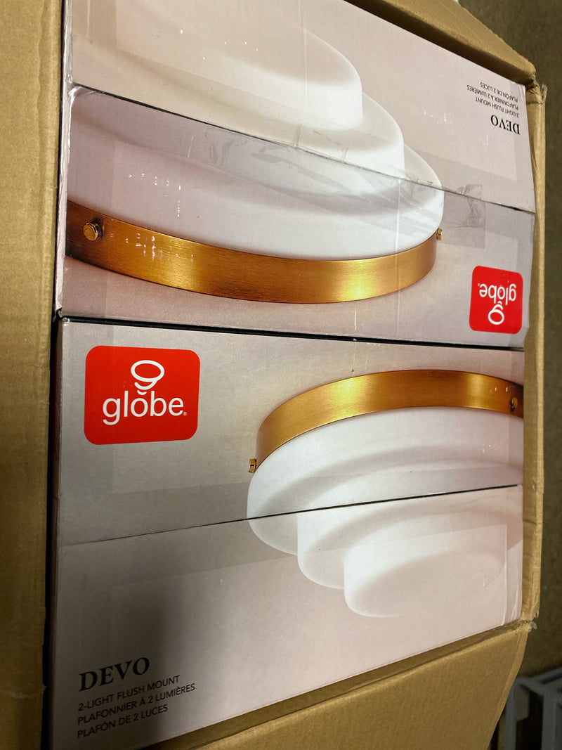 Globe electric 91005505 11.81 in. 2-Light Matte Brass Flush Mount Ceiling Light with Tiered Milk Glass Shade