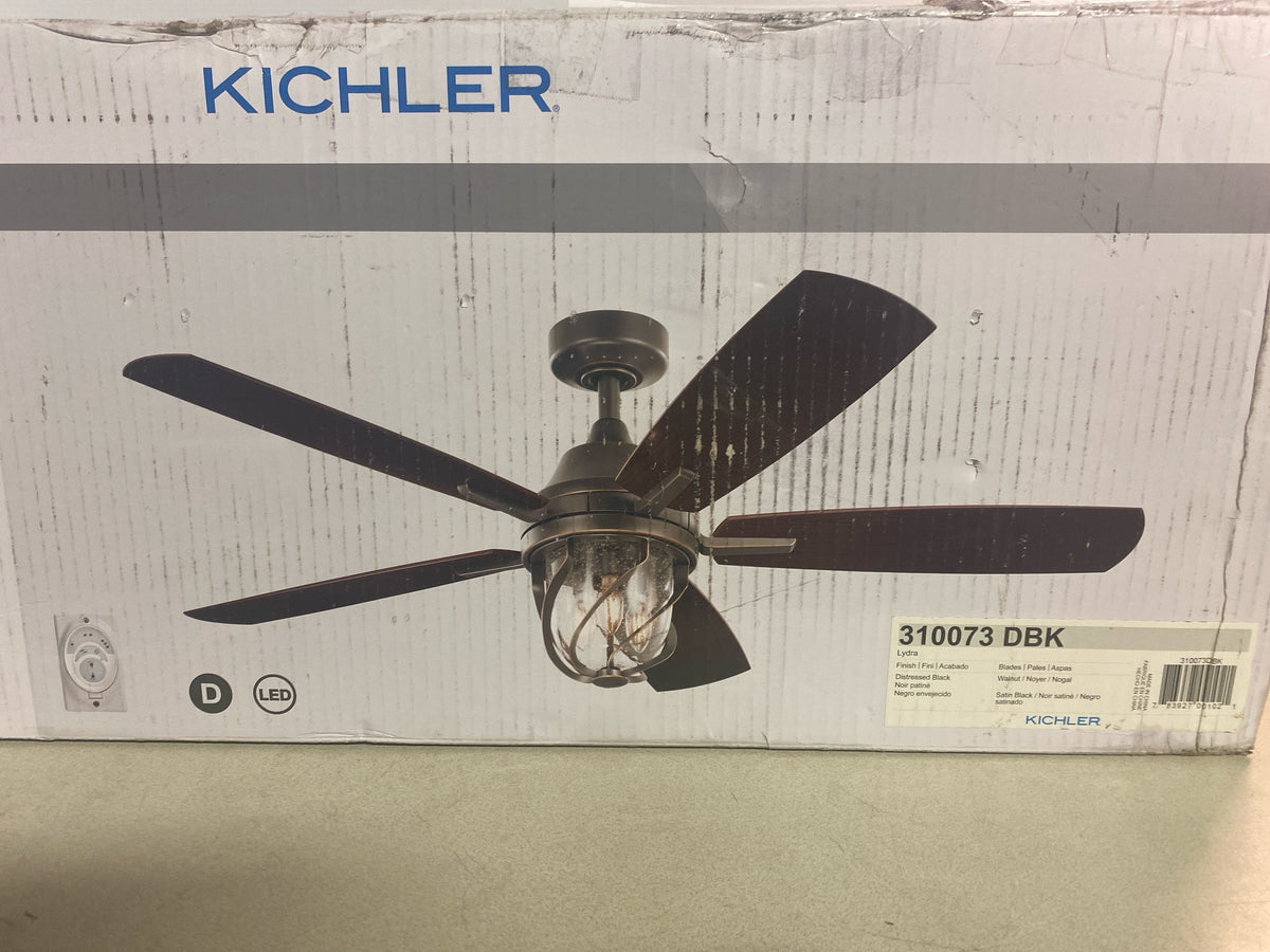 Kichler 310073DBK Lydra 52 in. Indoor/Outdoor Distressed Black Downrod Mount Ceiling Fan with LED Bulbs with Wall Control Included