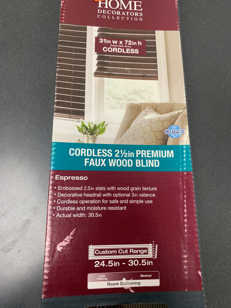 Home decorators collection 10793478362608 Espresso Cordless Room Darkening 2.5 in. Premium Faux Wood Blind for Window - 31 in. W x 72 in. L