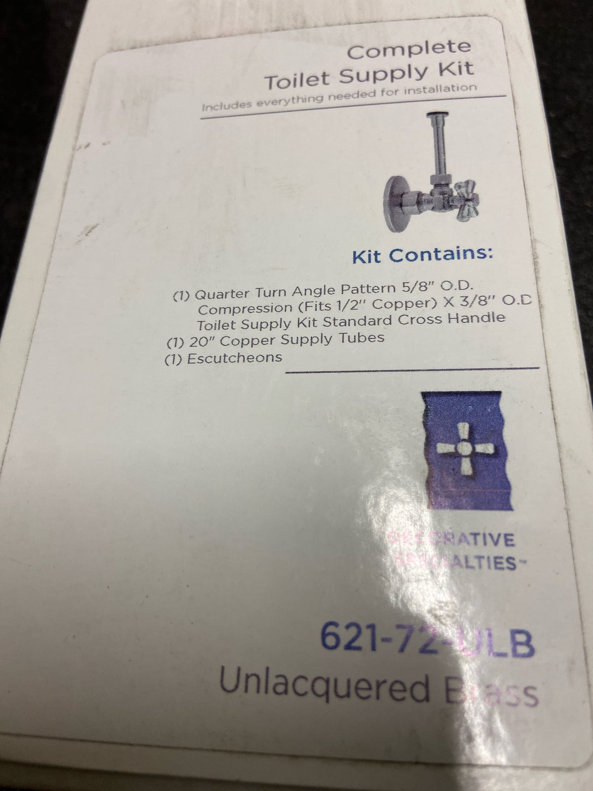 Jaclo 621-72-ULB Quarter Turn Angle Pattern 5/8" O.D. Compression x 3/8" O.D. Toilet Supply Kit with Cross Handle, 20" Supply Tube, and Escutcheon - Unlacquered Brass