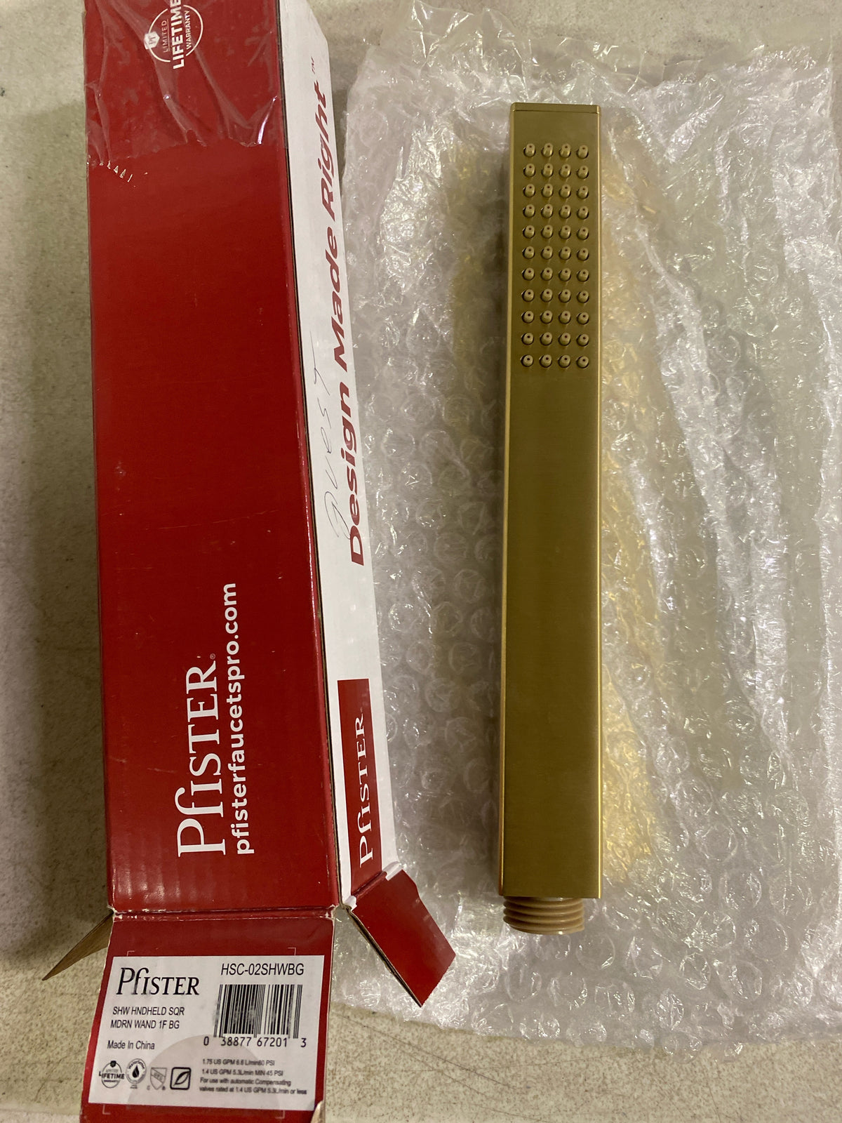 Pfister HSC-02SHWBG Modern Square 1.75 GPM Single Function Hand Shower - Brushed Gold