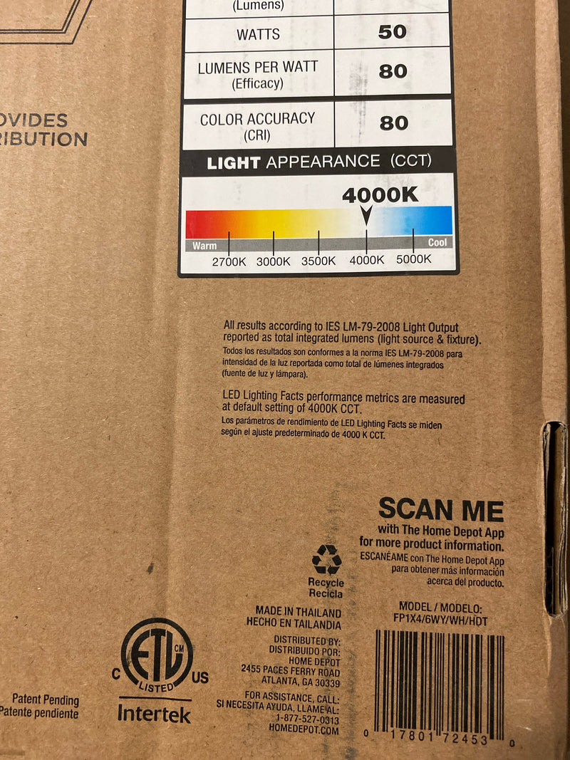 Commercial electric FP1X4/6WY/WH/HDT 1-Pack 1 ft. x 4 ft. 4000 Lumens Dimmable Integrated LED Flat Panel Ceiling Flush Mount Fixture with Selectable 5CCT