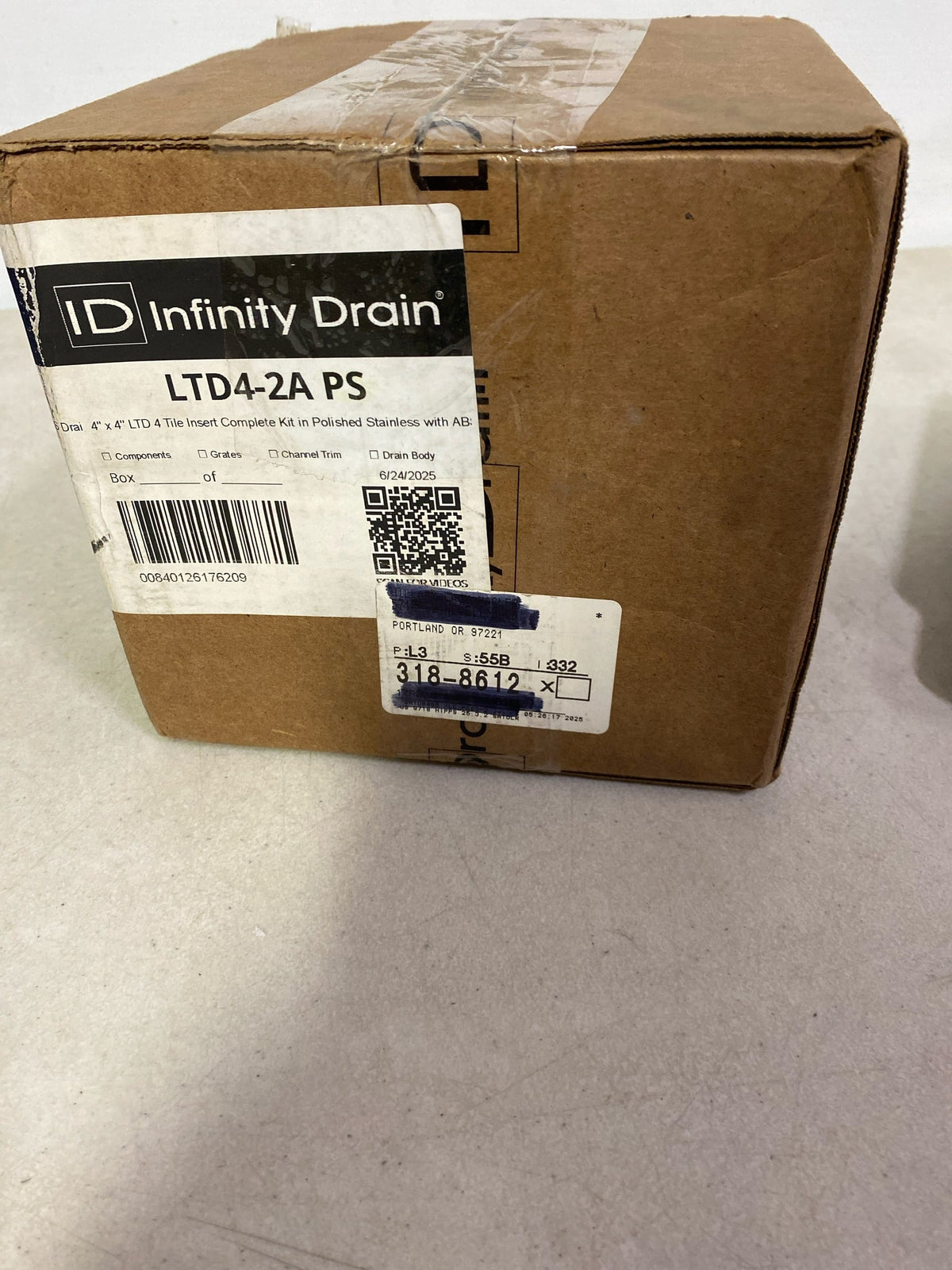 Infinity Drain LTD4-2A PS 4" x 4" LTD 4 Center Drain Kit with ABS Drain Body, 2" Outlet - Polished Stainless