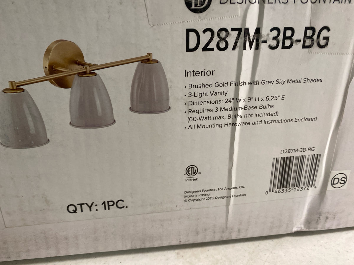 Designers Fountain Biba 24 inch 3-Light Brushed Gold Modern Bathroom Vanity Light Fixture with Grey Sky Metal Shades, D287M-3B-BG
