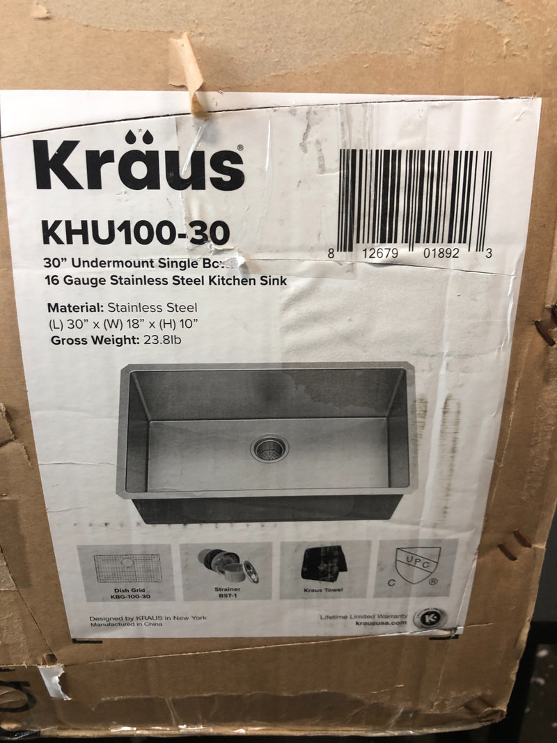 Kraus 30" Single Basin 16 Gauge Stainless Steel Kitchen Sink for Undermount Installations - Basin Rack and Basket Strainer Included