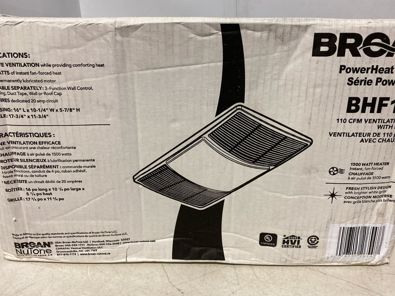 Broan Nutone BHF110 110 CFM PowerHeat 2 Sones Heater Exhaust Fan