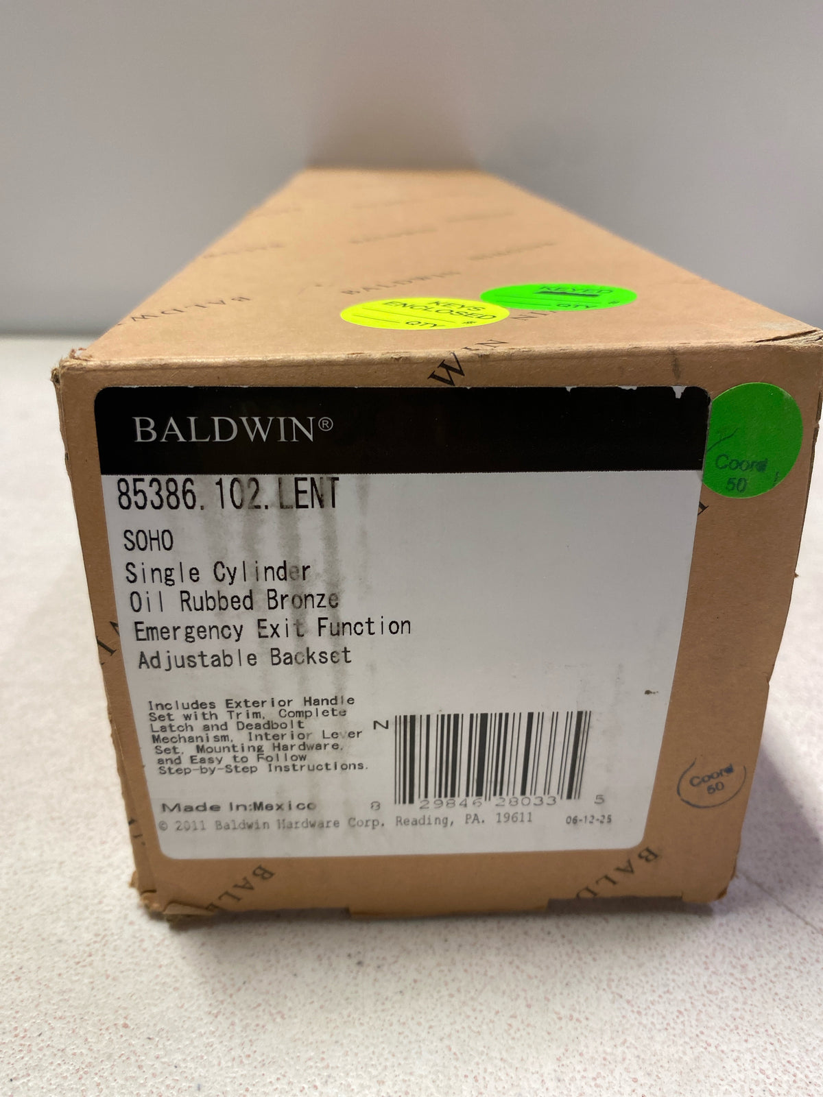 Baldwin 85386102LENT Soho Left Handed Sectional Single Cylinder Keyed Entry Handleset with 5485V Interior Lever from the Estate Collection - Oil Rubbed Bronze