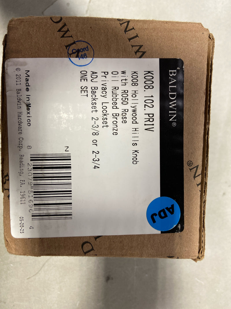 Baldwin K008102PRIV K008 Hollywood Hills Privacy Door Knob Set with R050 Rose from the Estate Collection - Oil Rubbed Bronze