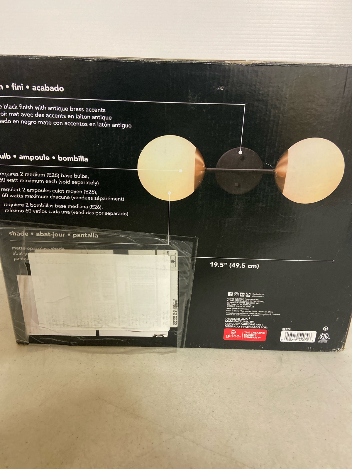 GLOBE Electric 52079 2-Light Wall Sconce, Matte Black, Antique Brass Accent Socket, Matte Opal Glass Shades, Modern Light for Living Room or Bedroom, Dimmer Switch Compatible, E26 Base