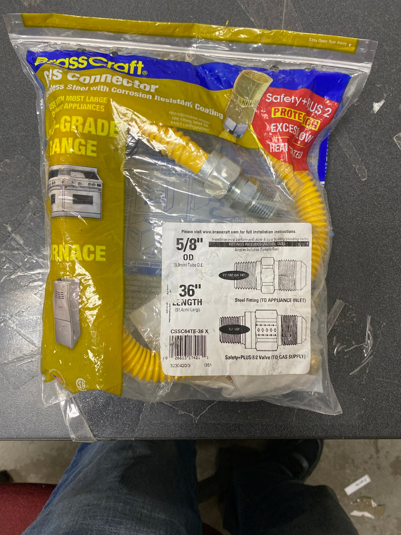 Brasscraft CSSC64TE-36 X 1/2 in. MIP x 1/2 in. MIP x 36 in. Gas Connector (5/8 in. OD) w/Safety+Plus2 Thermal Excess Flow Valve (107,000 BTU)