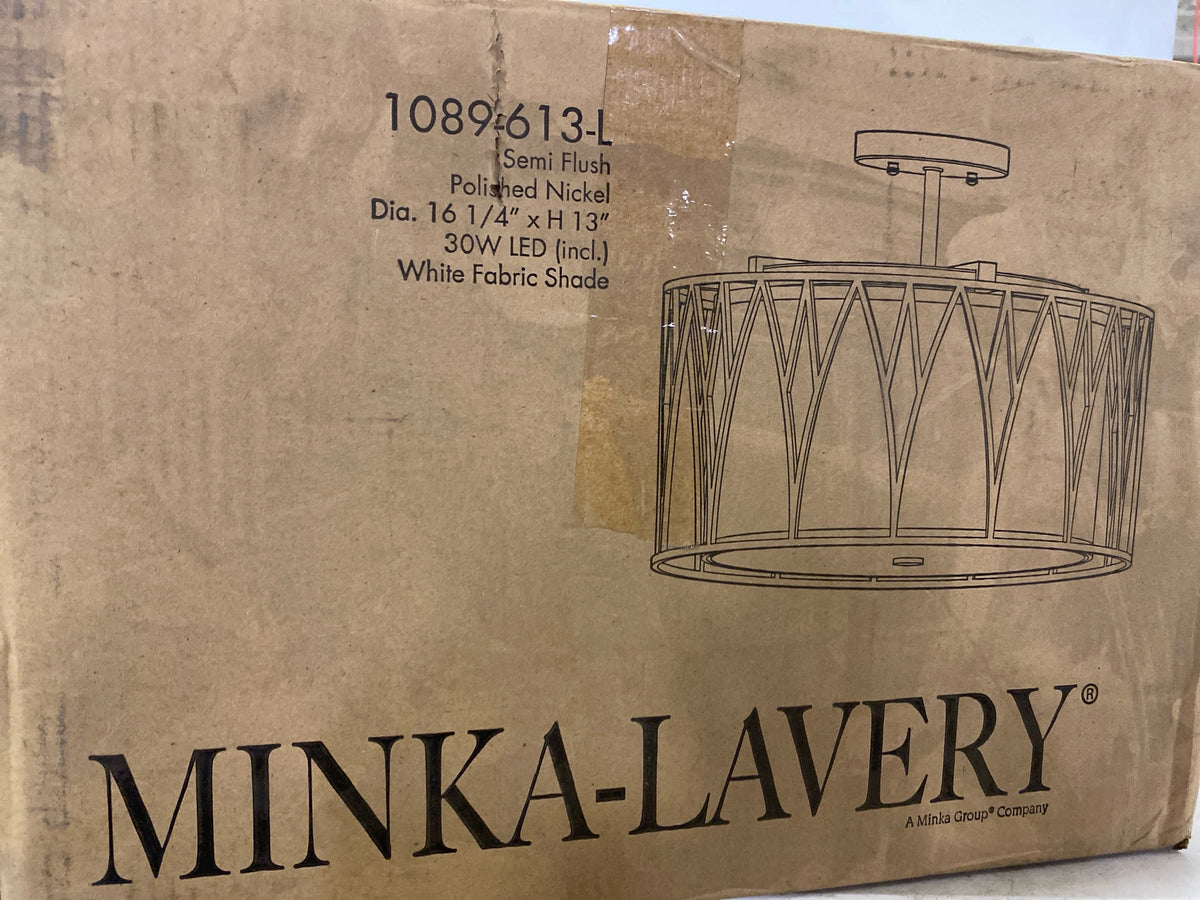 Minka Lavery 1089-613-L Regal Terrace Metal Frame/Cloth Drum LED Semi Flush Mount Ceiling Lighting, 1-Light 30 Watt, 13" H x 16" W, Polished Nickel