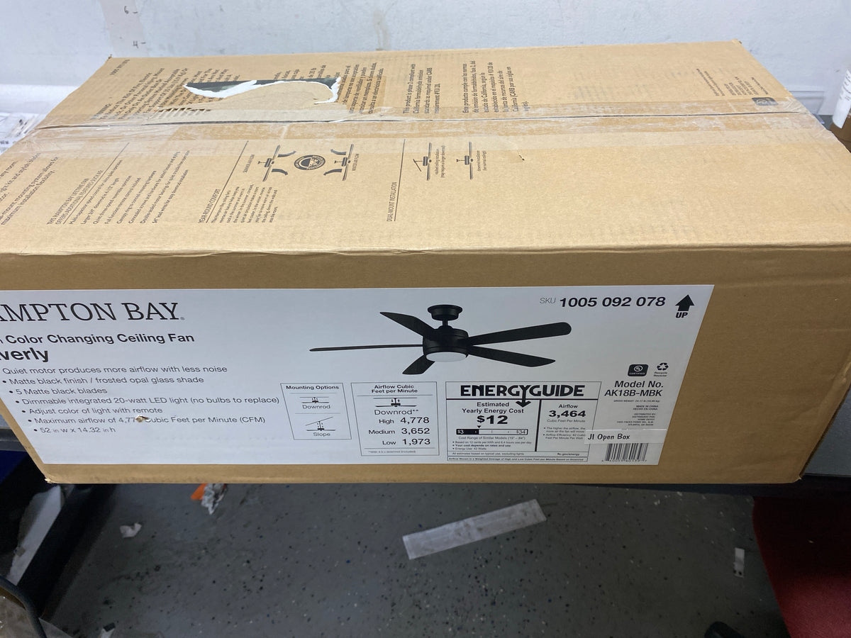 Hampton bay AK18B-MBK Averly 52 in. Indoor Matte Black Ceiling Fan with Adjustable White Integrated LED with Remote Control Included