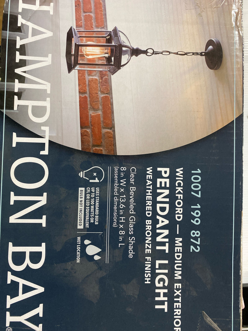 Hampton bay 4183 RT Wickford 1-Light Weathered Bronze Hardwired Outdoor Pendant with Clear Beveled Glass