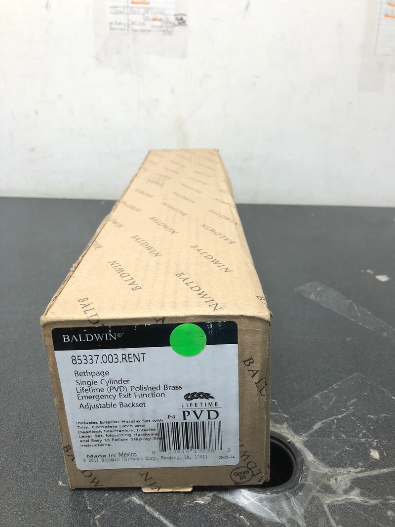 Baldwin 85337003RENT Right Handed Bethpage Escutcheon Single Cylinder Handleset with Bethpage Interior Lever and Emergency Egress - Lifetime Polished Brass