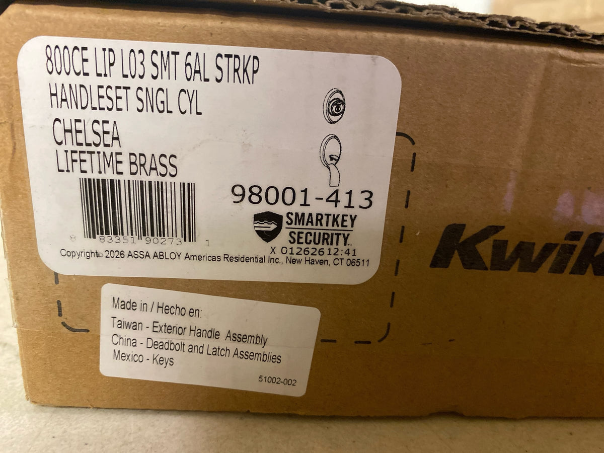 Kwikset 800CELIP-L03S.STRKP Chelsea Sectional Single Cylinder Keyed Entry Exterior Pack Handleset with SmartKey - Polished Brass