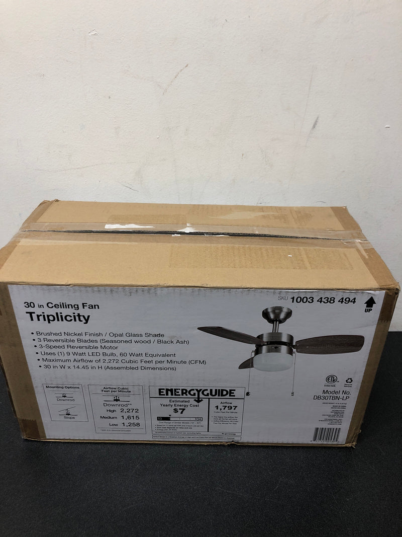 Private brand unbranded DB30TBN-LP Triplicity 30 in. Indoor Brushed Nickel Ceiling Fan with Light