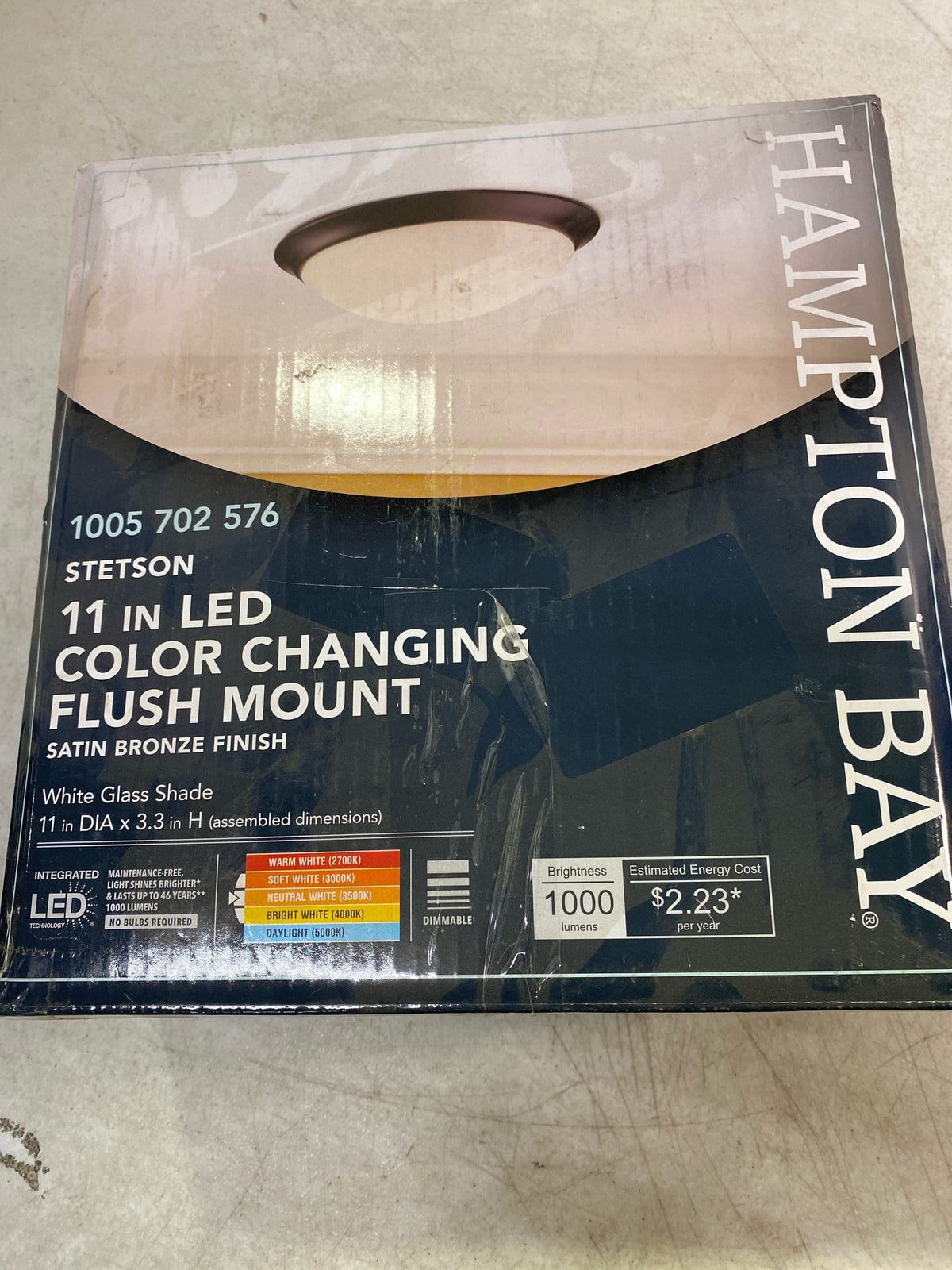 Hampton bay HB1022C-5CCT-34 Stetson 11 in. 1-Light Satin Bronze Integrated LED Selectable CCT Ceiling Flush Mount with Frosted White Glass Diffuser