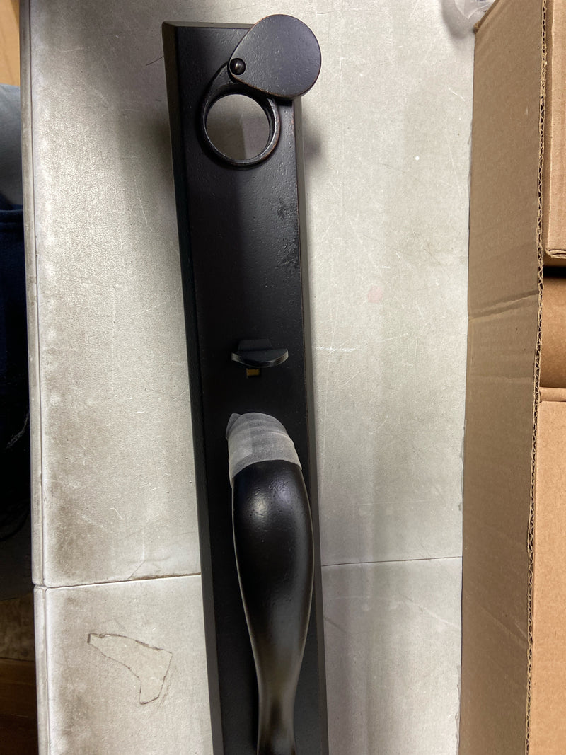 Baldwin EELONxRUSSBE481 Longview Full Plate Single Cylinder Keyed Entry Handleset with Interior Rustic Knob and Emergency Egress Function - Dark Bronze