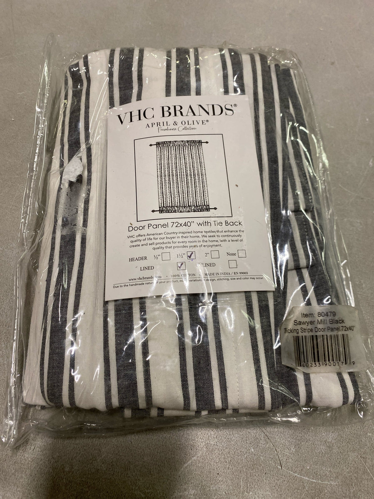 VHC Brands, Sawyer Mill Ticking Stripe Door Panel, Black, 72x40