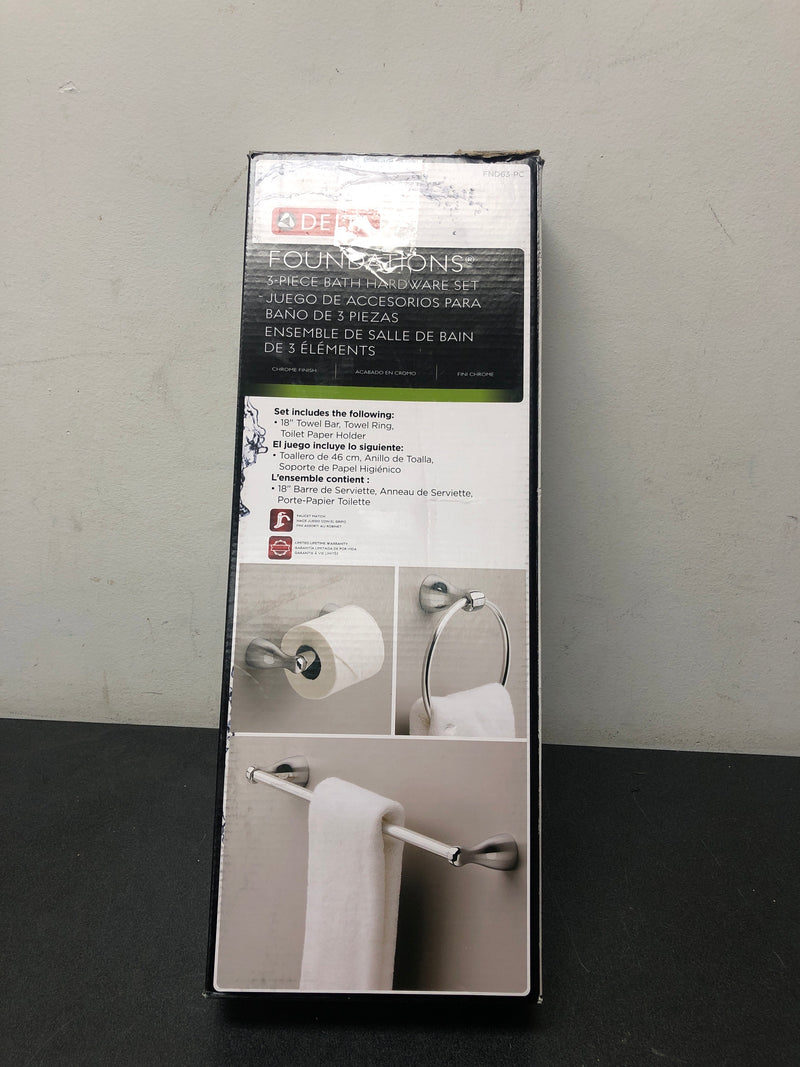 Delta FND63-PC Foundations 3-Piece Bath Hardware Set with 18 in. Towel Bar, Toilet Paper Holder, Towel Ring in Polished Chrome