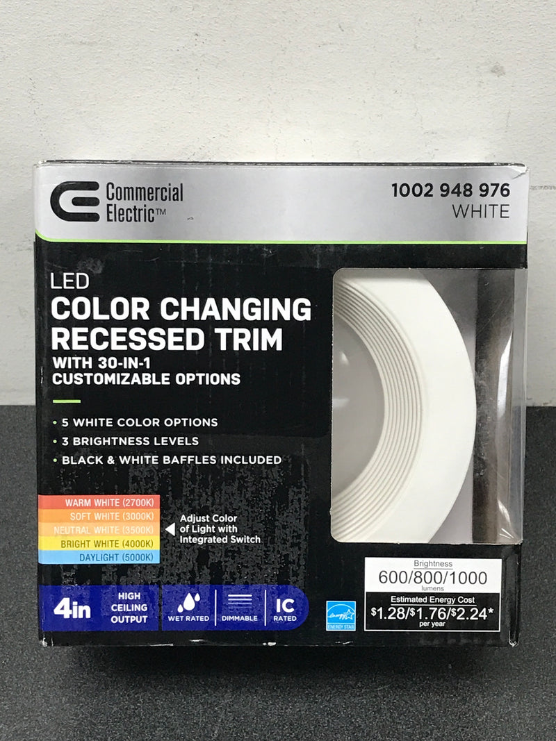 Commercial electric 53802101 4 in. Adjustable CCT 30 Lighting Options Integrated LED Recessed Light Trim New Construction Remodel Indoor Outdoor