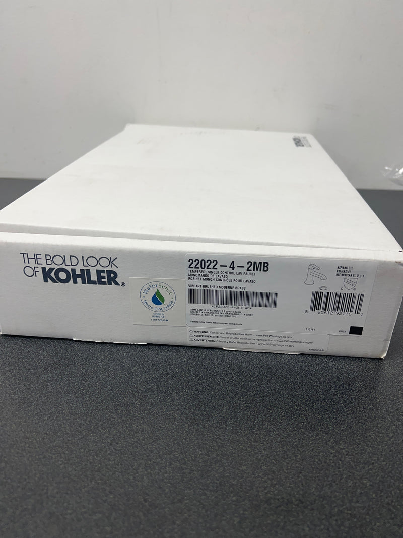 Kohler K-22022-4-2MB Tempered 1.2 GPM Single Hole Bathroom Faucet with Pop-Up Drain Assembly - Vibrant Brushed Moderne Brass