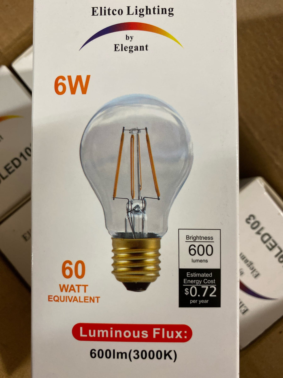 Elitco Lighting LED 3000K Nostalgic Filament 6 Watts 600 lumens A19 Light Bulb (Pack of 6)