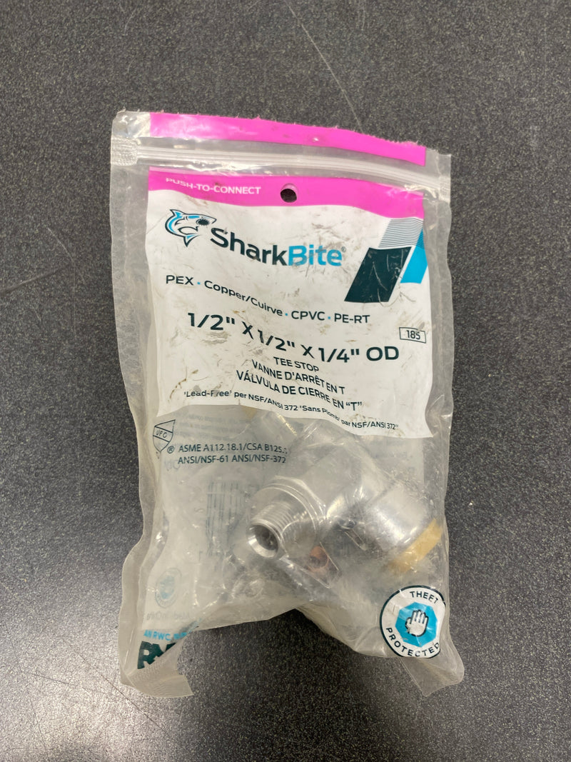 SharkBite 1/2 x 1/2 x 1/4 Inch Compression Tee Stop Valve, Push to Connect Brass Plumbing Fitting, PEX Pipe, Copper, CPVC, PE-RT, HDPE, 24983A