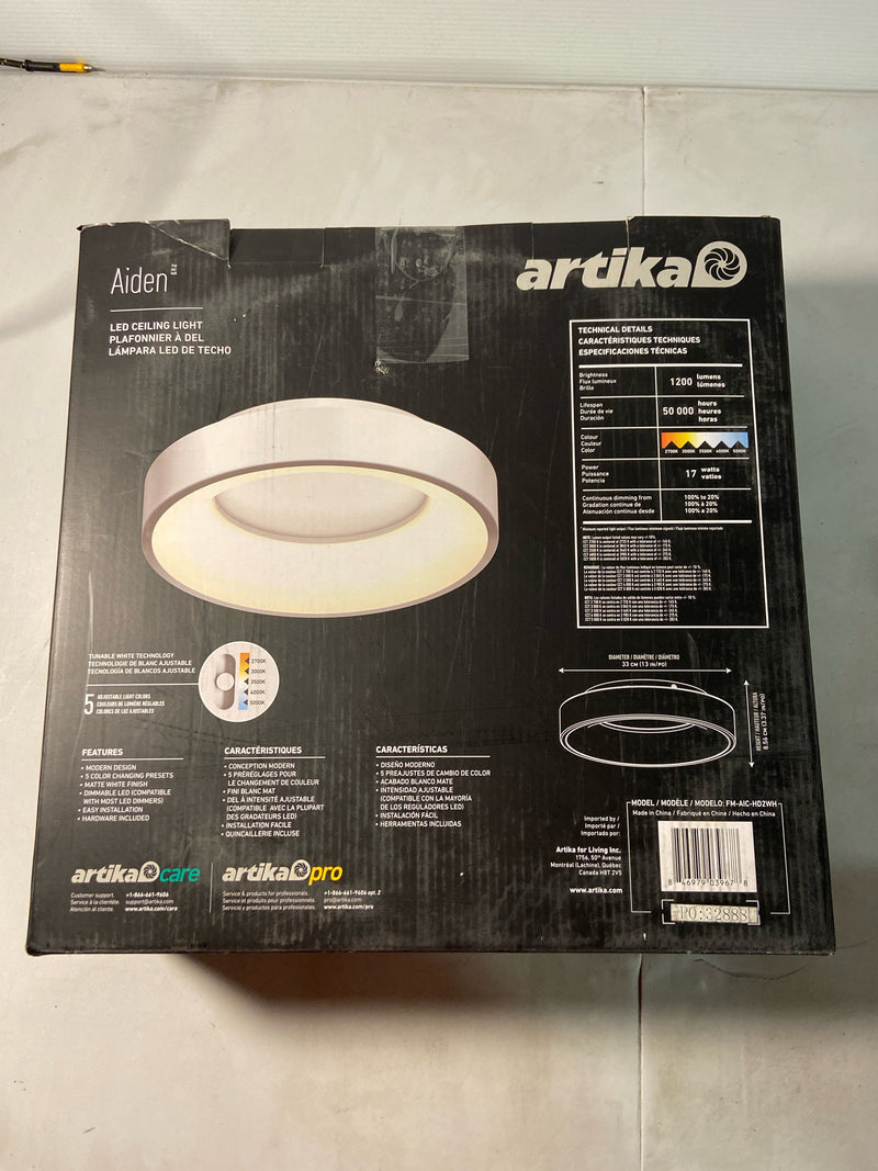 Artika FM-AIC-HD2WH Aiden 13 in. 1-Light Modern White Integrated LED 5 CCT Flush Mount Ceiling Light Fixture for Kitchen or Bedroom
