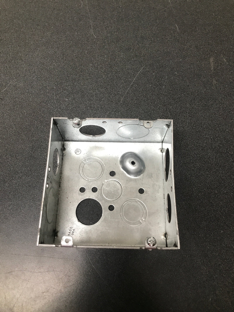 Raco 8265 4-11/16 in. W x 2-1/8 in. D 2-Gang Welded Square Box with One 1/2 in. KO, Four 3/4 in. KO's, Three TKO's, Raised Ground